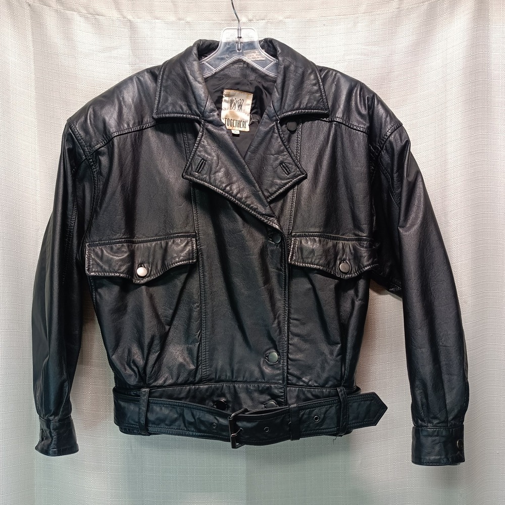 Vtg Together Women's‎ S(4-6) Black Leather Jacket Belted Button Biker 90's Y2K